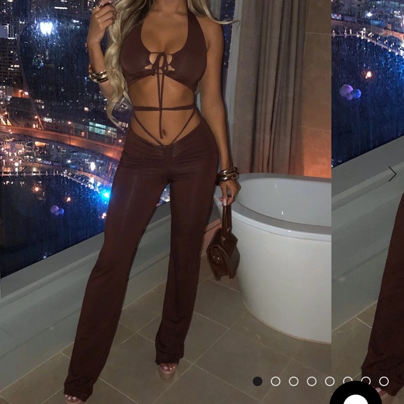 BABY BOO FASHION chocolate brown halter top and lace up flared pants set - Picture 2 of 10